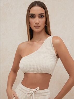House of CB Cream One-Shoulder Crop Top